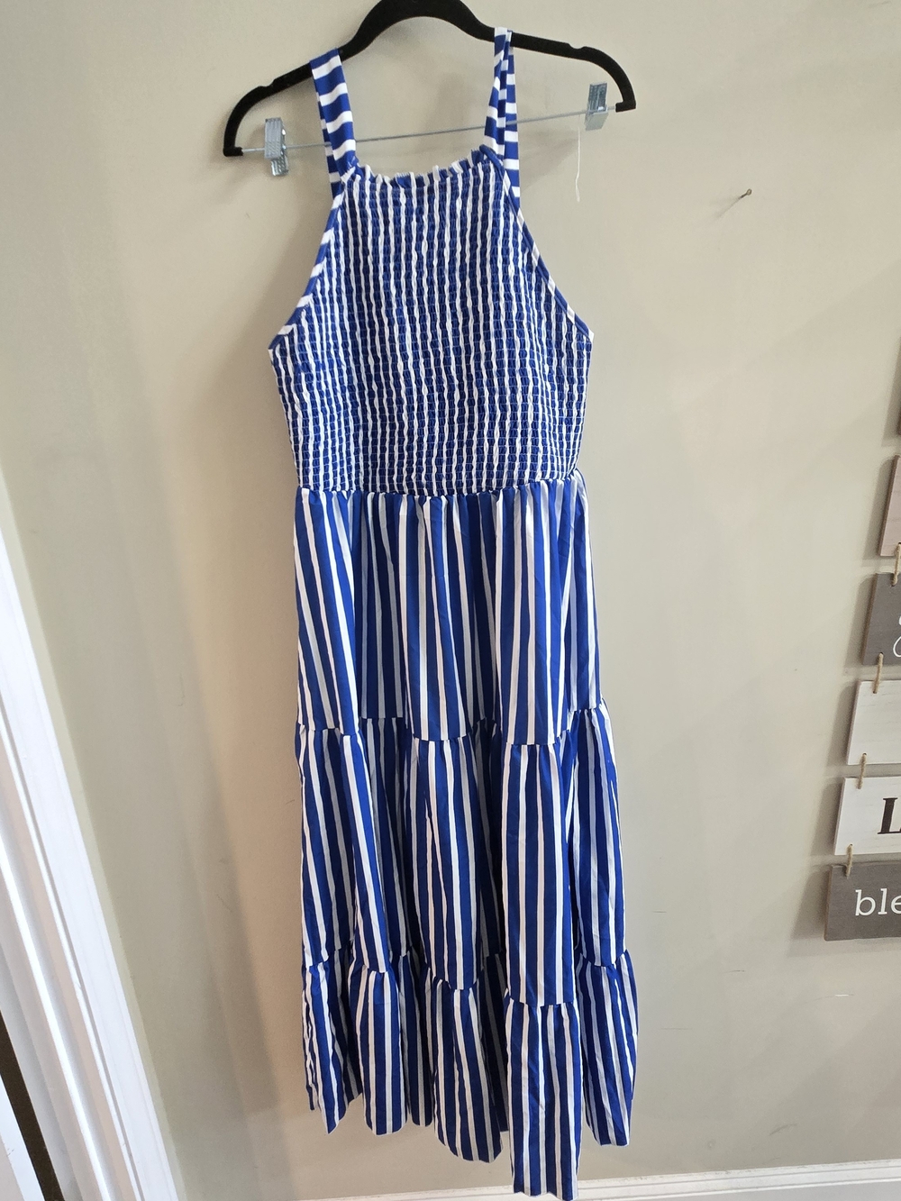 Blue & White Striped Smocked Tiered Midi Dress Plus Size 2X Summer Coastal